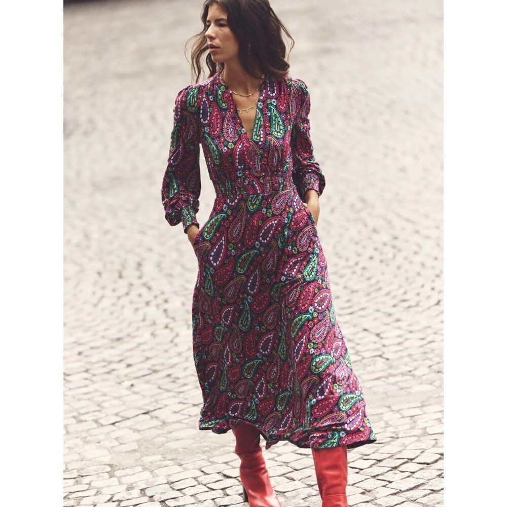 Boden Womens Dress Midi Paisley UK 10 US 6 Purple Ivy Smocked Vneck D1034 NWT - Picture 1 of 14